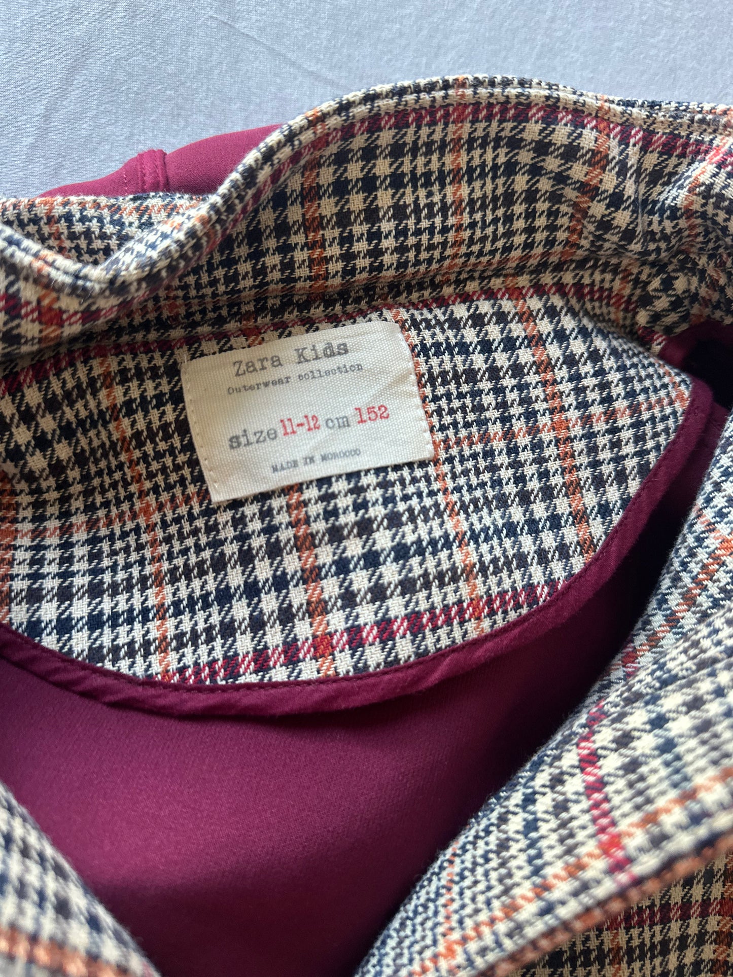 Zara houndstooth check coat with contrast hood — Size 3XS/11-12