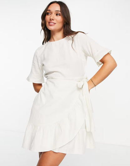 Vero Moda cotton wrap front mini dress in cream — XS