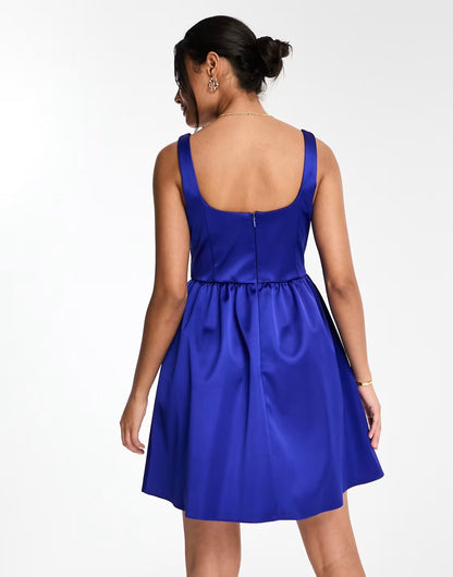 Miss Selfridge corset mini prom dress in bonded satin in blue — EU 32