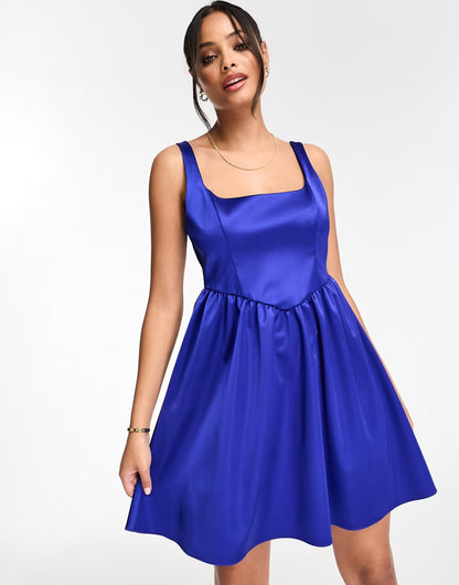 Miss Selfridge corset mini prom dress in bonded satin in blue — EU 32