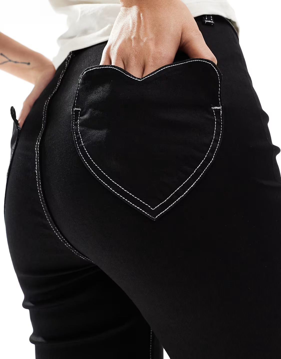 DTT Bianca high waisted wide leg jeans with heart pocket detail in black - EU 38