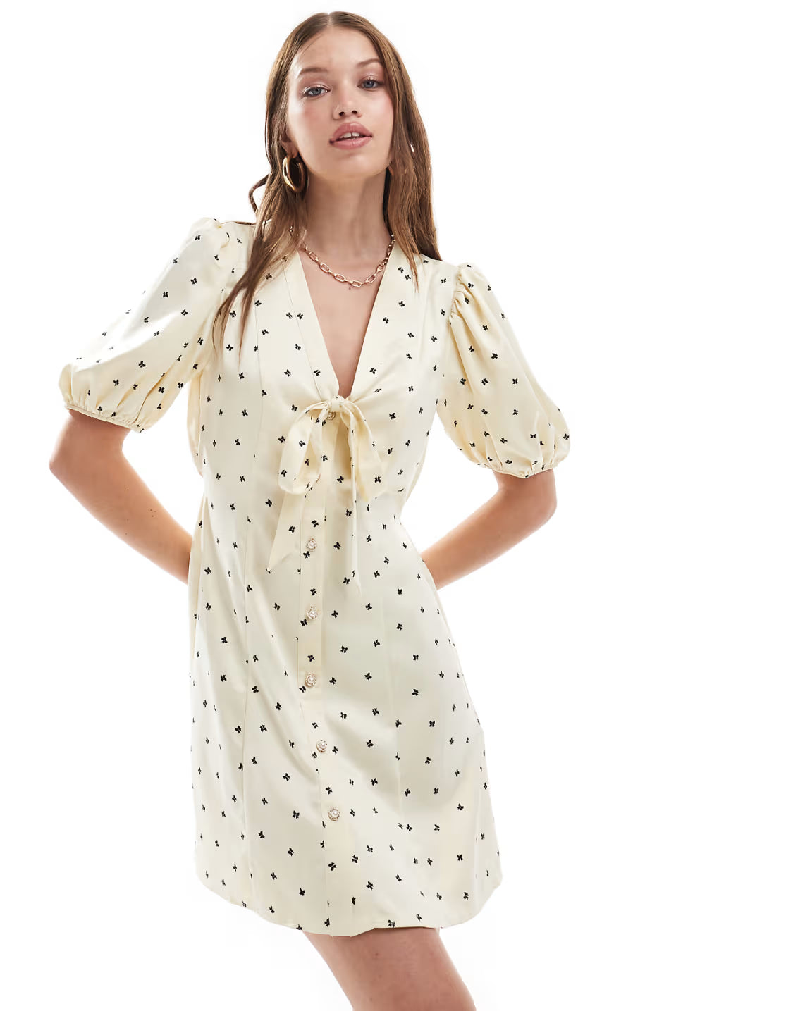 Miss Selfridge satin bow print mini dress — EU 32