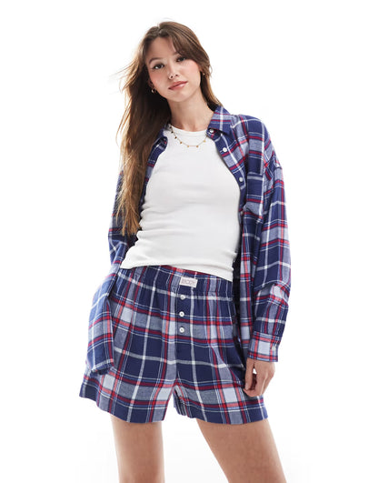 Cotton On flannel boyfriend pyjama short in navy and red check — XS