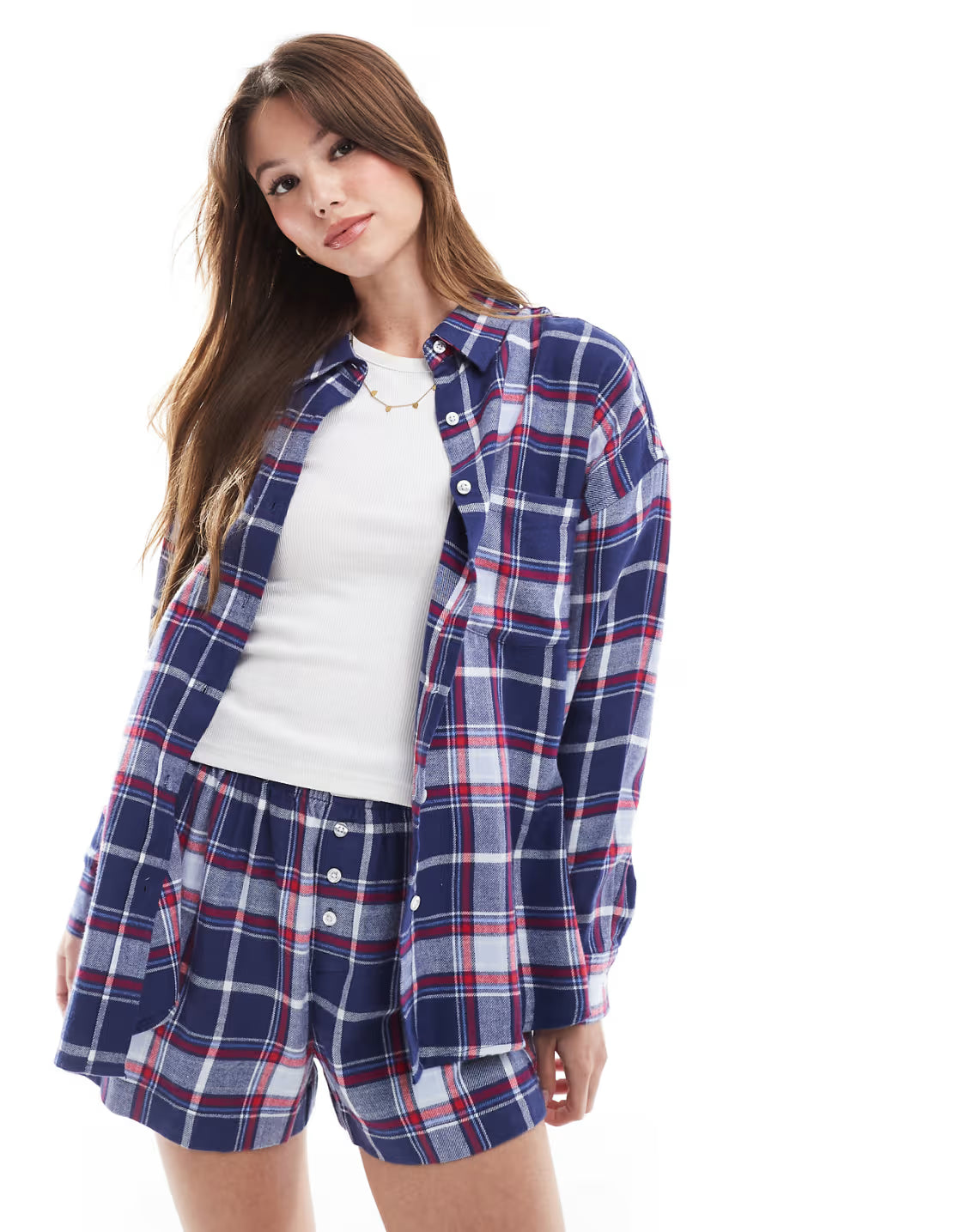 Cotton On flannel boyfriend pyjama shirt in navy and red check — XS