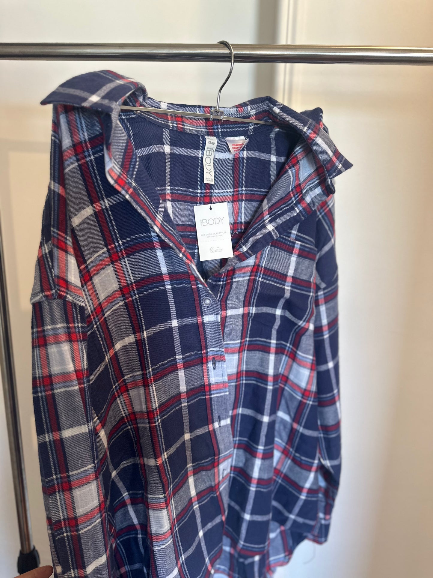 Cotton On flannel boyfriend pyjama shirt in navy and red check — XS