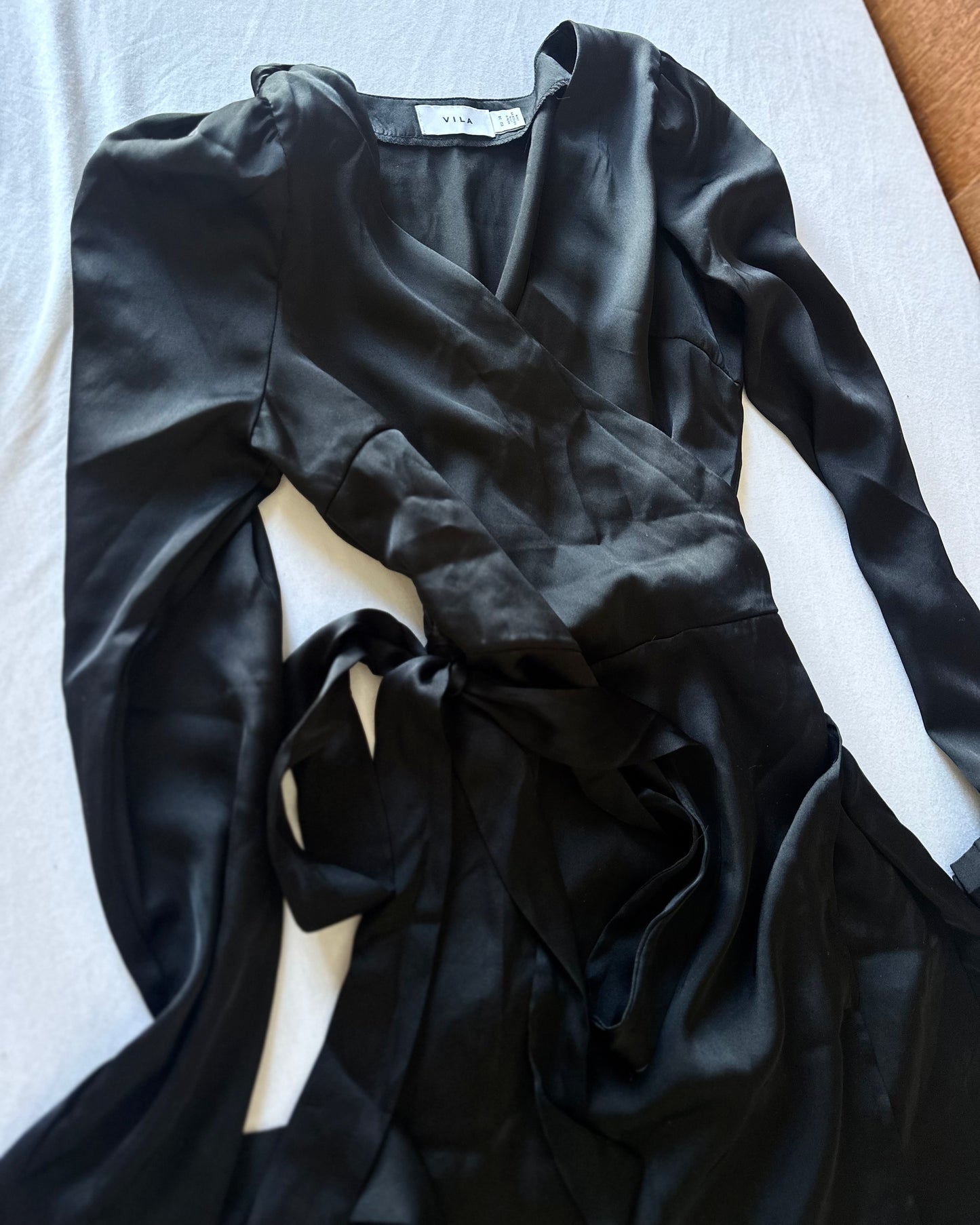 Vila satin wrapped mini dress in black — EU 34