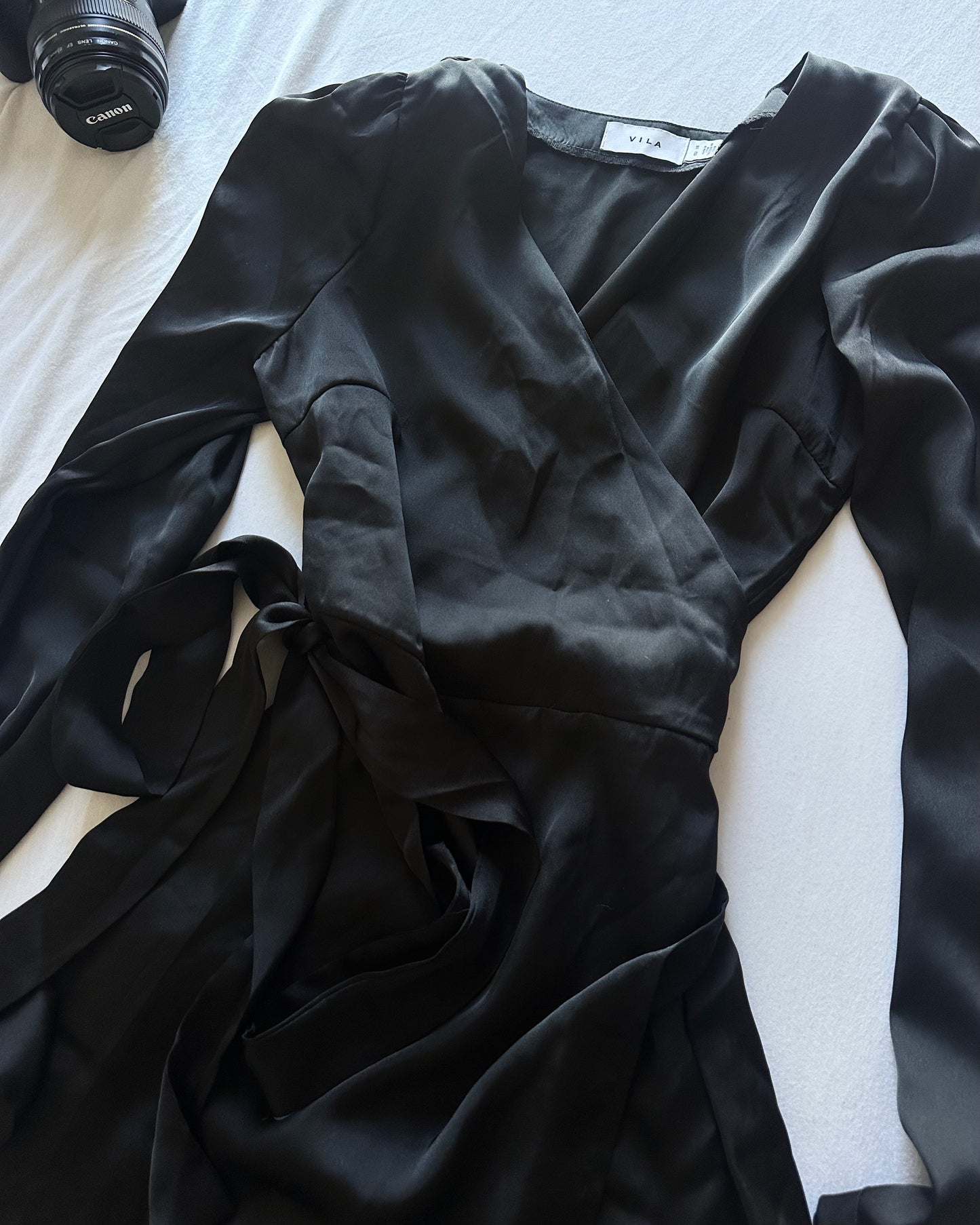 Vila satin wrapped mini dress in black — EU 34