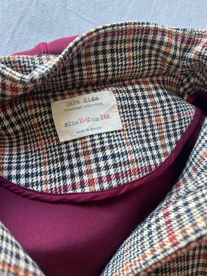 Zara houndstooth check coat with contrast hood — Size 3XS/11-12