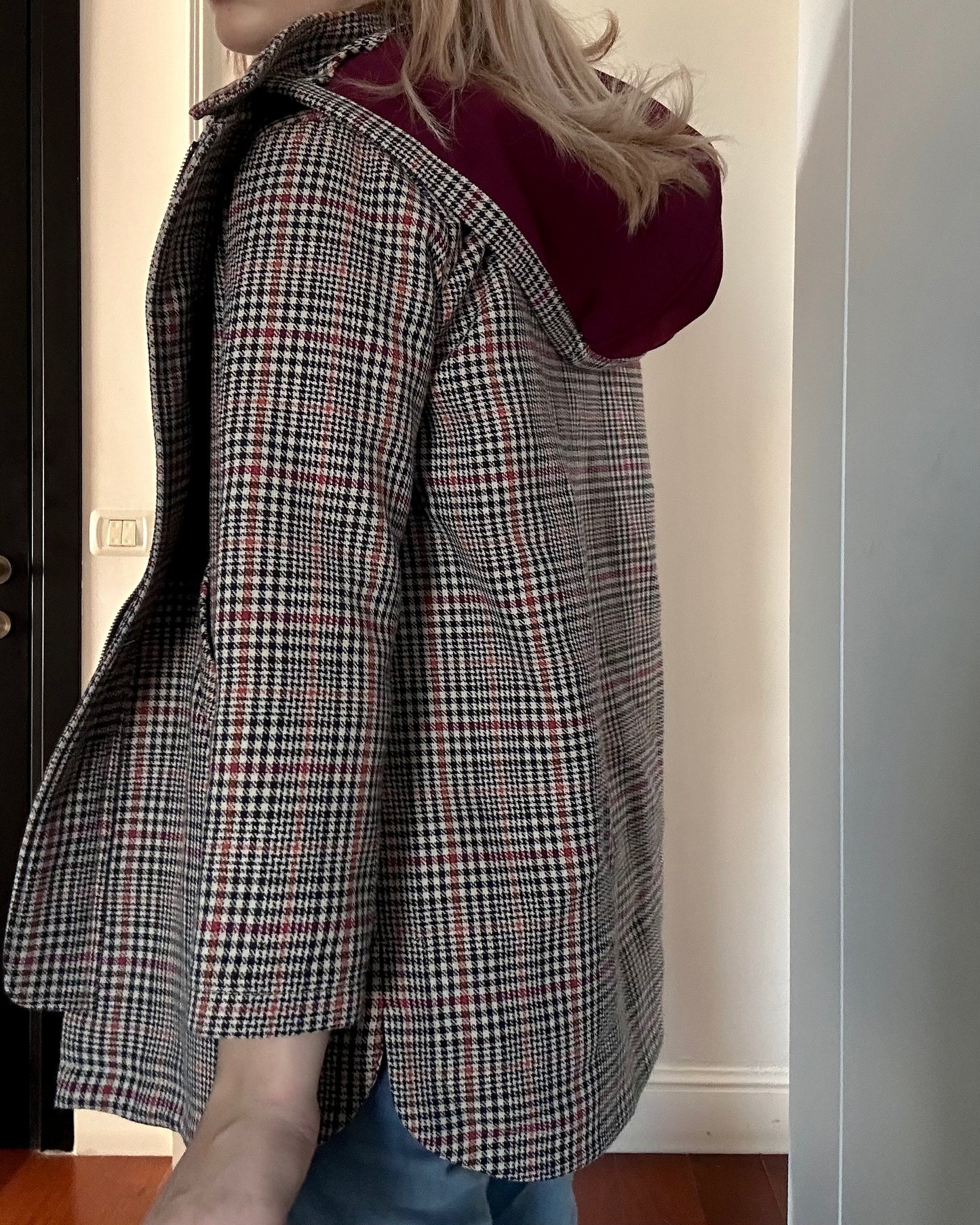 Zara houndstooth check coat with contrast hood — Size 3XS/11-12