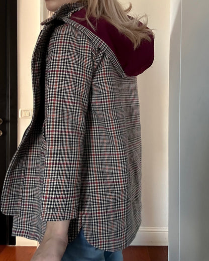 Zara houndstooth check coat with contrast hood — Size 3XS/11-12