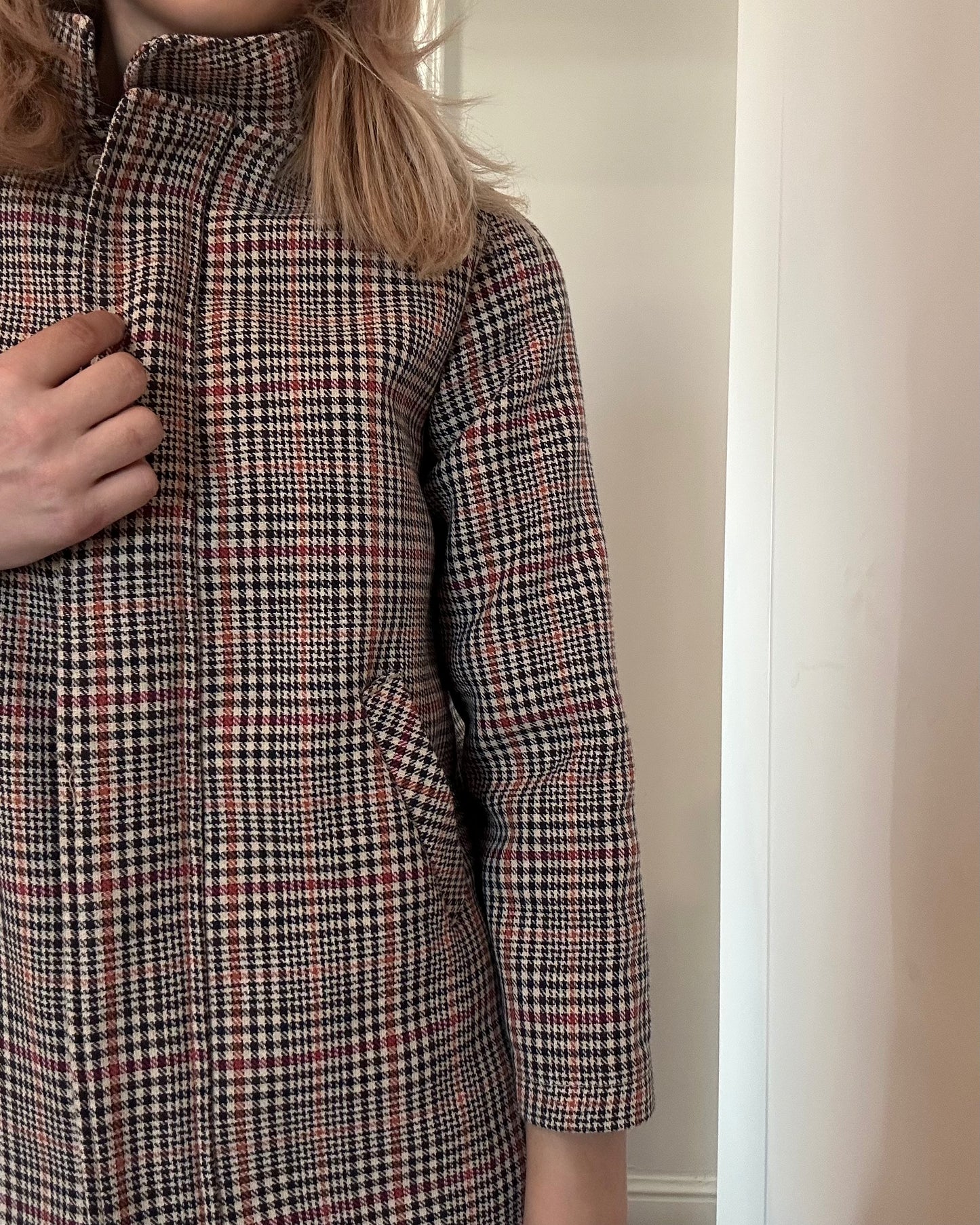 Zara houndstooth check coat with contrast hood — Size 3XS/11-12