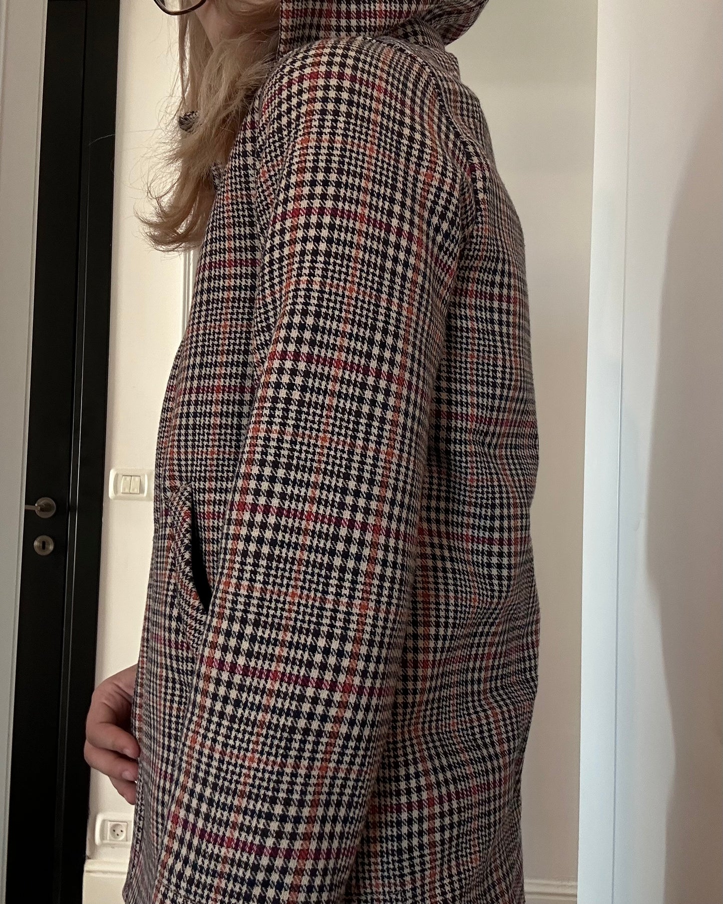 Zara houndstooth check coat with contrast hood — Size 3XS/11-12