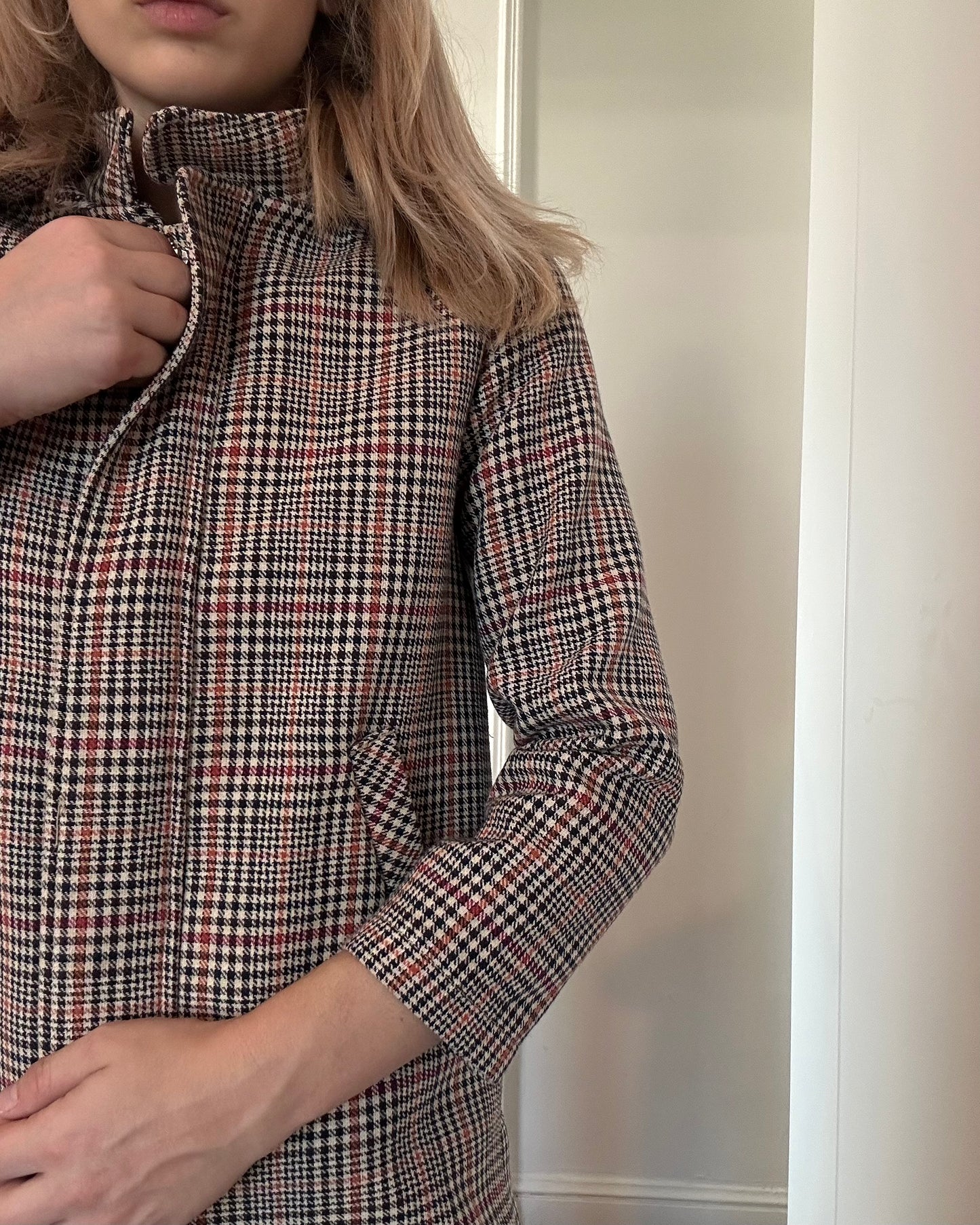 Zara houndstooth check coat with contrast hood — Size 3XS/11-12