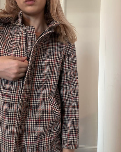 Zara houndstooth check coat with contrast hood — Size 3XS/11-12