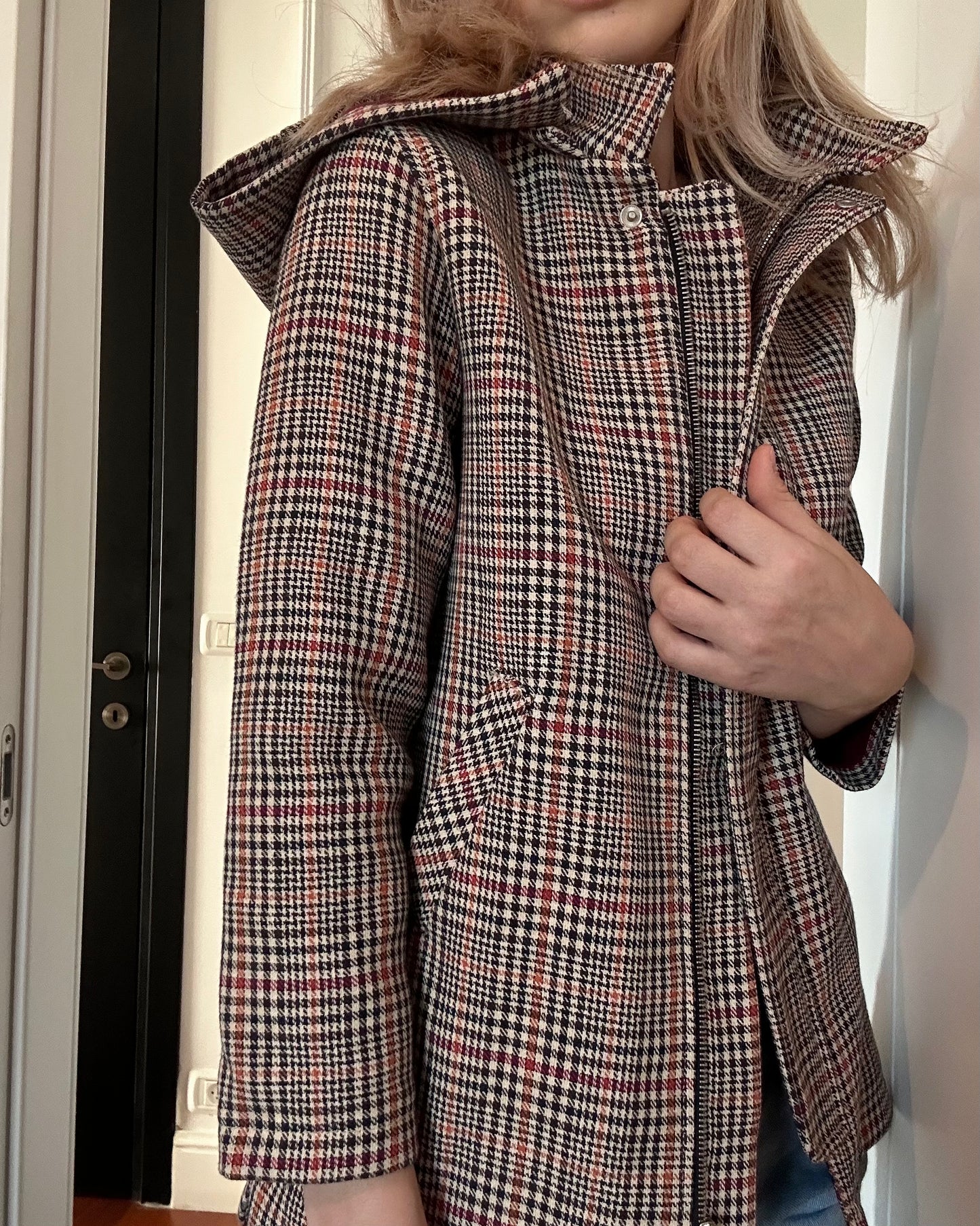 Zara houndstooth check coat with contrast hood — Size 3XS/11-12