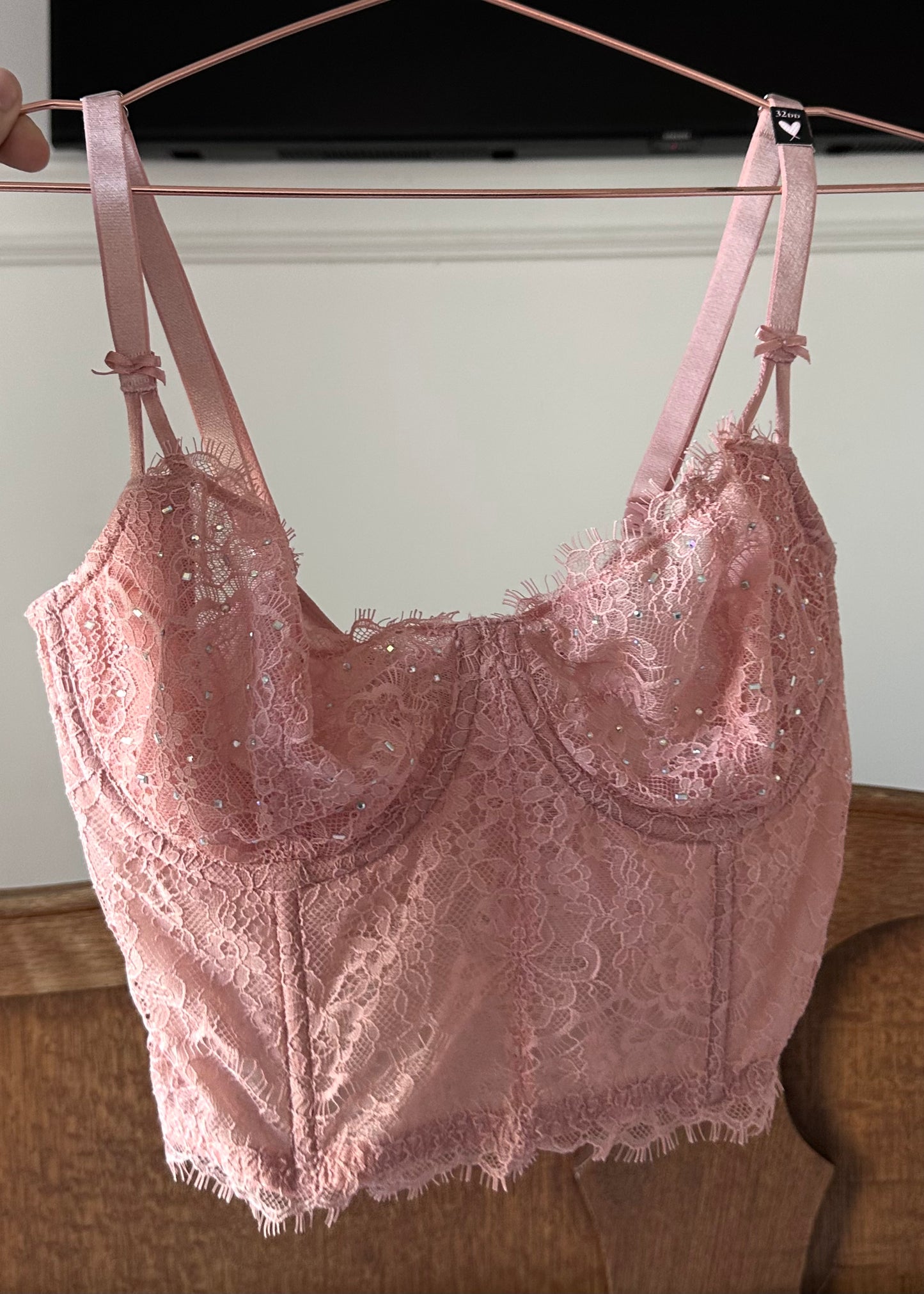 Victoria's Secret embellished lace balconette bustier in pink — 32DD