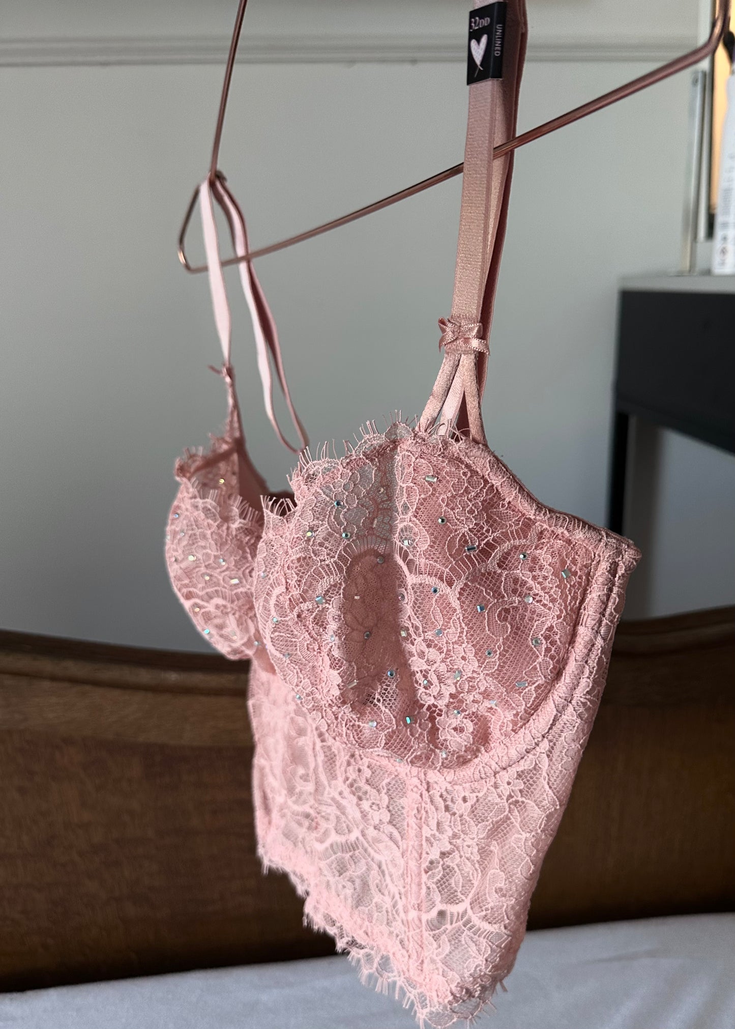Victoria's Secret embellished lace balconette bustier in pink — 32DD