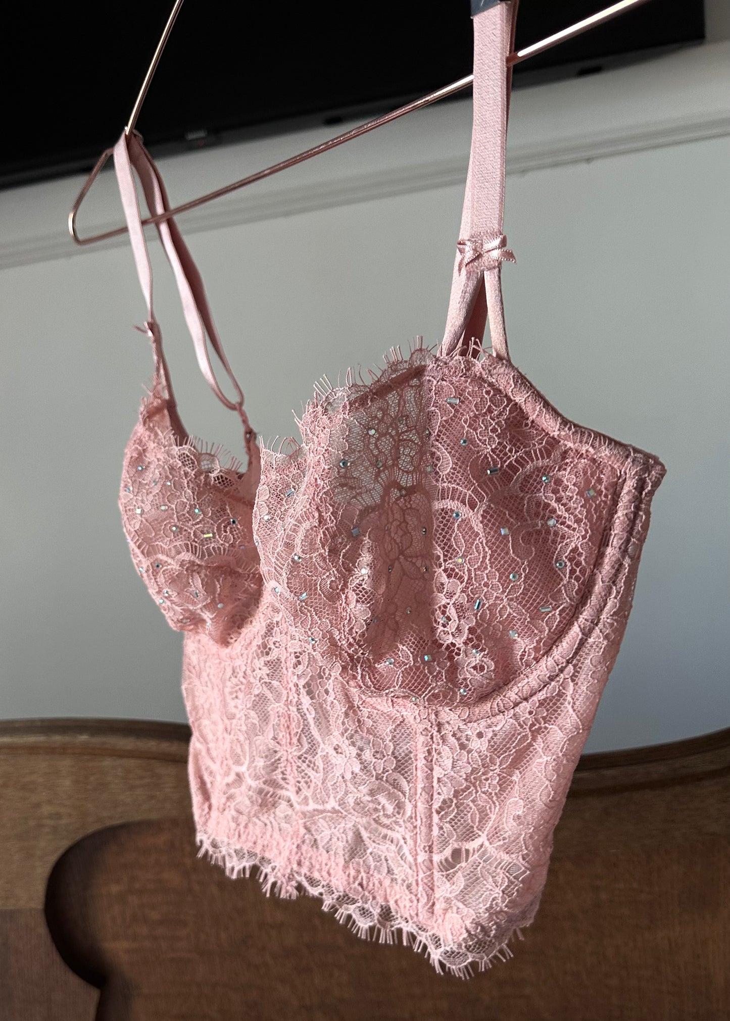 Victoria's Secret embellished lace balconette bustier in pink — 32DD