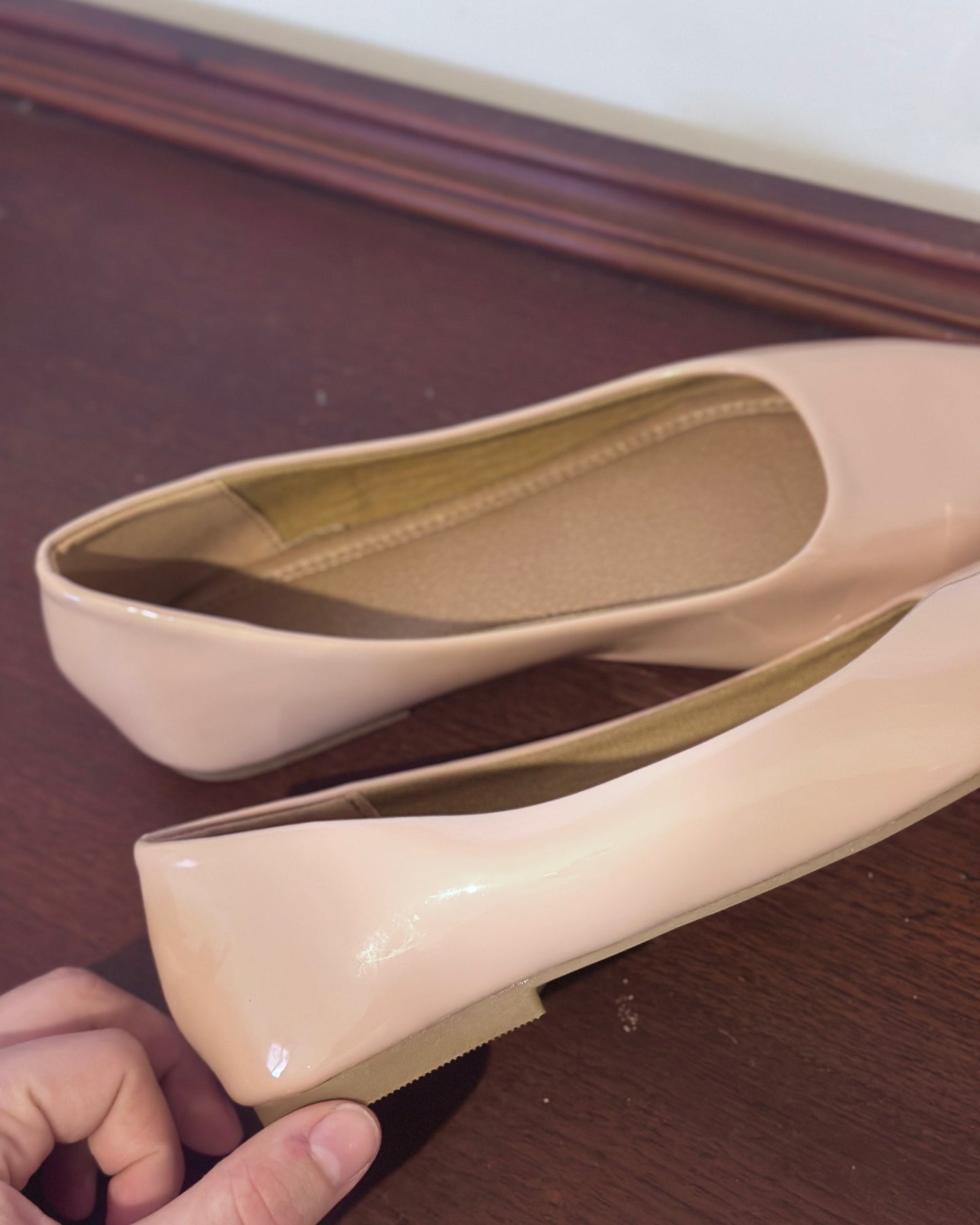 ASOS DESIGN pointed flats in nude patent PU — Size 38